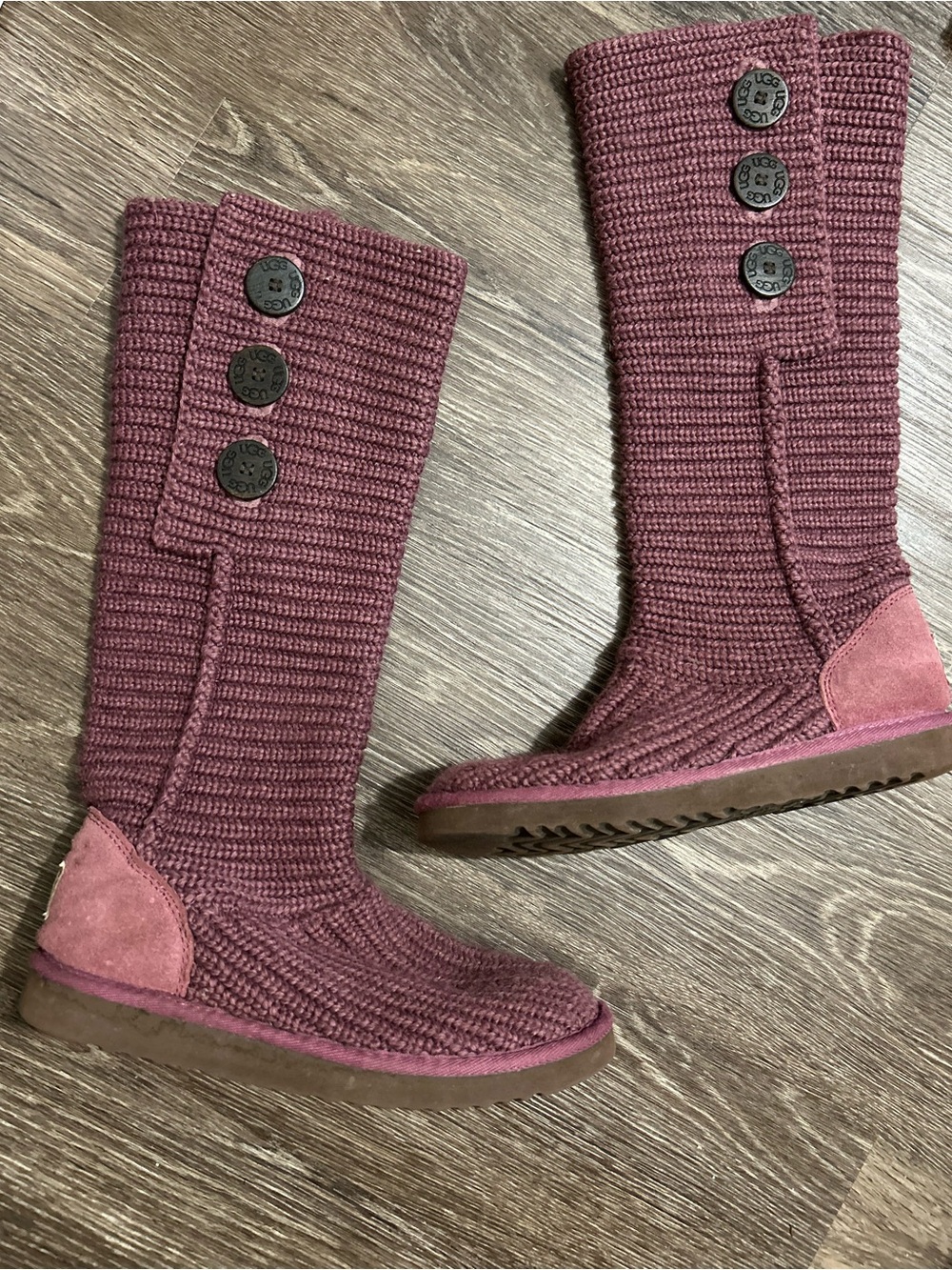 UGG Tall Cardy Sweater Knit Crochet Button Boots in Berry Pink Purple Y2K
